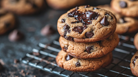 A close-up of freshly baked chocolate chip cookies stacked on a cooling rack, with melted chocolate and a rustic background highlighting their delicious texture.の素材
