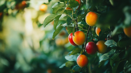 A close-up view of fresh, ripe fruits hanging from the branches in a lush fruit garden, with a focus on their vibrant colors and textures.の素材