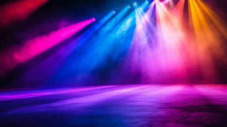A colorful beam of light from a stage performance, creating dynamic patterns and effects against a dark background.の素材