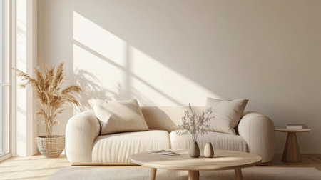 A cozy minimalist living room with a neutral sofa, a simple coffee table, and a few carefully chosen decorative accents, set in a light-filled space.の素材