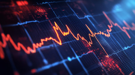 A close-up view of an ECG monitor in use, with a clear depiction of heart rate spikes and troughs on the digital screen.の素材