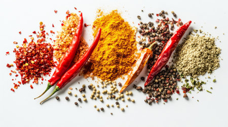 A close-up shot of a handful of red chili peppers and a variety of seasoning ingredients like curry powder and chili flakes, arranged on a white background.の素材