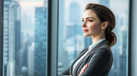 A confident businesswoman in a tailored suit, standing by a modern office window with a cityscape view, exuding professionalism and leadership.の素材