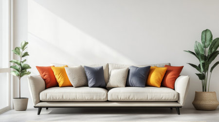 A cozy living room with a modern, plush sofa in neutral colors, accented with colorful throw pillows, set against a clean, bright backdrop.の素材