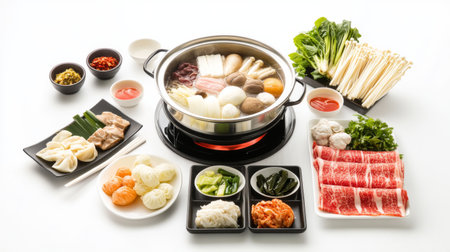 A complete shabu set, including a hot pot, ingredients, and utensils, neatly displayed on a white background, perfect for a clean and appetizing look.の素材