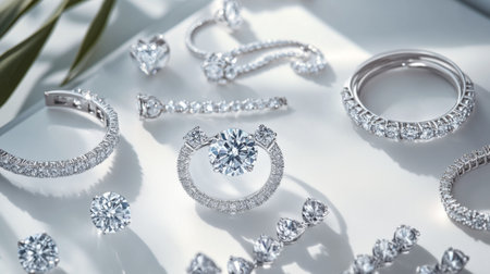 A dazzling collection of diamond jewelry including rings, necklaces, and earrings, arranged on a white surface for a luxurious display.の素材