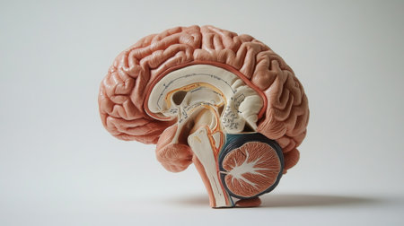 A detailed, high-resolution image of a human brain model with labeled regions, set against a clean white background, showcasing the complexity of brain anatomy.の素材