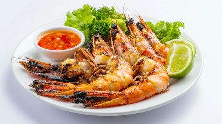 A delicious and inviting plate of grilled prawns with a perfect char, accompanied by a side of dipping sauce and lime wedges, set against a clean white background.の素材