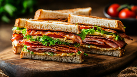 A detailed shot of a classic club sandwich with bacon, lettuce, and tomato, cut into halves and arranged neatly on a rustic wooden board.の素材