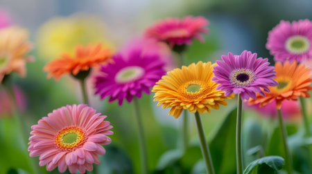 A detailed view of a cluster of colorful gerbera daisies, focusing on their vivid hues and layered petals, with a blurred background to emphasize their beauty.の素材