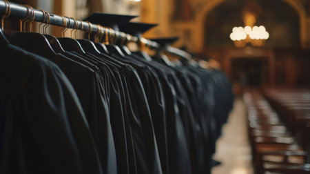 A detailed shot of graduation gowns and caps neatly arranged on a rack, with an empty hall and chairs in the background.の素材
