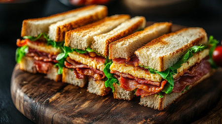 A detailed shot of a classic club sandwich with bacon, lettuce, and tomato, cut into halves and arranged neatly on a rustic wooden board.の素材