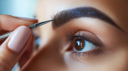 A detailed shot of a woman grooming her eyebrows with tweezers, highlighting the precision and care in eyebrow maintenance, with a soft, blurred background.の素材