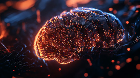 A digital brain made of circuits and glowing lines, representing the concept of artificial intelligence and the future of technology.の素材