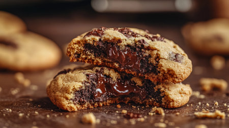 A detailed close-up of a cookie being broken in half, revealing its gooey chocolate center, with crumbs and a soft-focus kitchen backdrop creating a cozy scene.の素材
