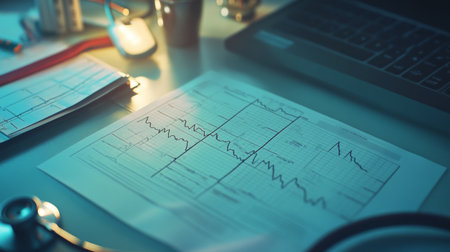 A detailed shot of a printed ECG report showing heart rate patterns and intervals, laid out on a desk with a stethoscope and medical notes.の素材