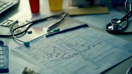 A detailed shot of a printed ECG report showing heart rate patterns and intervals, laid out on a desk with a stethoscope and medical notes.の素材