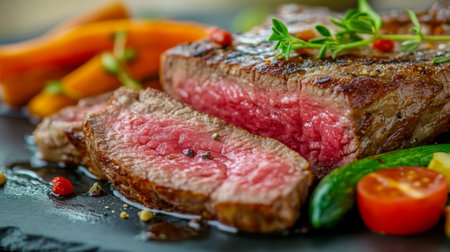 A detailed shot of a steak cut into slices, showcasing its pink, juicy center and crispy exterior, served with a side of vegetables.の素材