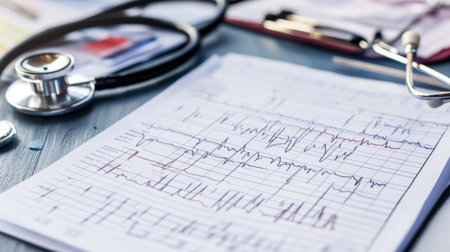 A detailed shot of a printed ECG report showing heart rate patterns and intervals, laid out on a desk with a stethoscope and medical notes.の素材