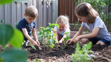 A family working together to plant trees in their backyard, with children helping to dig and plant saplings, capturing a moment of outdoor bonding and environmental care.の素材