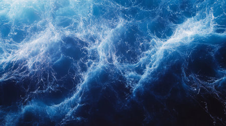 A dynamic scene of electrical surges with bright, jagged waves, illustrating raw energy and power, set against a deep blue background.の素材