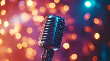 A dynamic shot of a microphone with colorful stage lights in the background, capturing the excitement and atmosphere of a live performance or recording sessionの素材