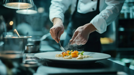 A dynamic scene of a chef plating a gourmet dish in a restaurant kitchen, with precision and care in the presentation, showcasing the artistry of cooking.の素材