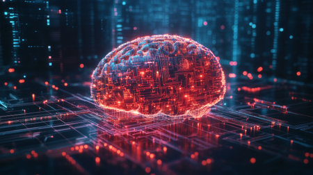 A digital brain made of circuits and glowing lines, representing the concept of artificial intelligence and the future of technology.の素材