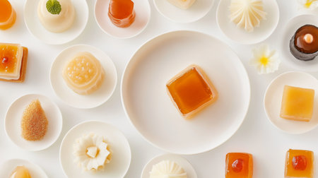 A flat lay of an assortment of Thai sweets including coconut milk custard and Thai jelly desserts, elegantly displayed on a white background, emphasizing their delicate presentation.の素材