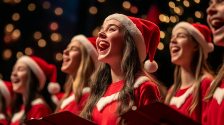 A festive choir performance with holiday attire, singing cheerful songs in perfect harmony, set against a decorated stage background.の素材