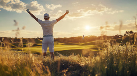 A golfer celebrating after making a hole-in-one, with arms raised in triumph and the flag in the background, capturing the excitement of the game.の素材