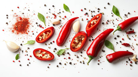 A high-resolution image of fresh chili peppers, both whole and sliced, with scattered seasoning ingredients such as garlic powder and paprika, on a clean white background.の素材