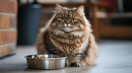 A fat cat sitting by a food bowl, looking up with anticipation, its round belly and expressive eyes creating an endearing image.の素材