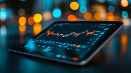 A high-resolution image of a financial graph on a tablet, showing real-time market data and trends with a focus on sharp, clear details.の素材