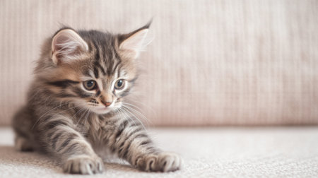 A high-quality image of a kitten stretching out its little paws, with its fluffy body and playful attitude clearly visible against a soft, neutral background.の素材