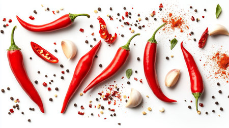 A high-resolution image of fresh chili peppers, both whole and sliced, with scattered seasoning ingredients such as garlic powder and paprika, on a clean white background.の素材