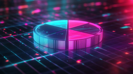 A futuristic 3D pie chart with neon colors, hovering over a grid surface, representing cutting-edge data visualization.の素材