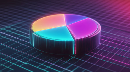 A futuristic 3D pie chart with neon colors, hovering over a grid surface, representing cutting-edge data visualization.の素材