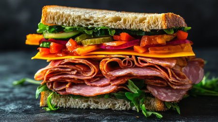 A high-resolution image of a sandwich stacked with layers of deli meats, cheeses, and fresh veggies, with a focus on the textures and colors of the ingredients.の素材