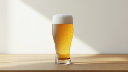 A frosty glass of beer with a perfect foam head, set on a wooden table with a clean white background, showcasing its refreshing appeal.の素材