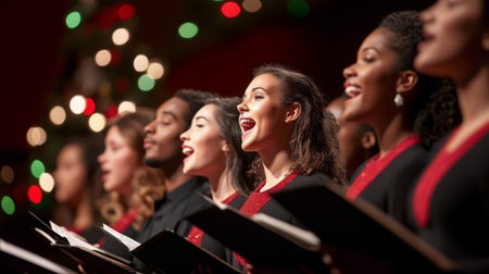 A festive choir performance with holiday attire, singing cheerful songs in perfect harmony, set against a decorated stage background.の素材