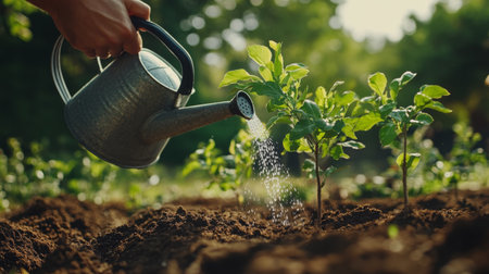 A gardener watering newly planted trees with a watering can, with the green foliage and soil being visibly moist, showing the importance of irrigation for healthy growth.の素材
