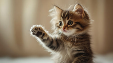 A high-quality image of a kitten stretching out its little paws, with its fluffy body and playful attitude clearly visible against a soft, neutral background.の素材