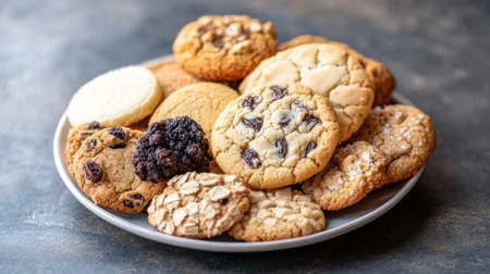 A high-resolution image of a plate of assorted cookies, including oatmeal raisin and sugar cookies, arranged artfully with a soft, neutral background.の素材