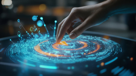 A hand interacting with a holographic 3D pie chart, with data points hovering around it, showcasing the integration of technology and data in a virtual environment.の素材