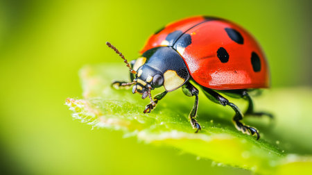 A high-detail close-up of a ladybug on a leaf, focusing on its bright red shell and small black spots against a clean background.の素材