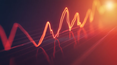 A heart rate graph with an irregular heartbeat pattern, highlighting fluctuations and anomalies, set against a neutral background.の素材