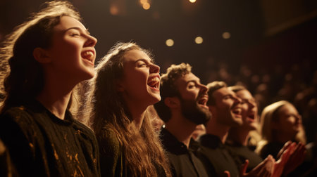 A group of singers standing in a semi-circle, harmonizing with their voices, while the audience claps and enjoys the performance in the background.の素材