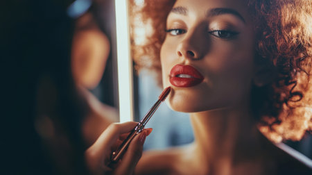 A high-angle shot of a woman applying lipstick in front of a mirror, with a focus on her lips and the application process, set in a stylish vanity area.の素材