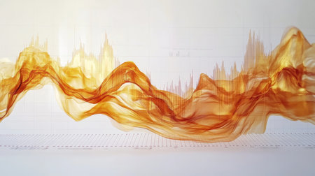 A gold price trend graph overlaid on a transparent financial report, with emphasis on rising and falling curves, set against a white background for clear data visualization.の素材